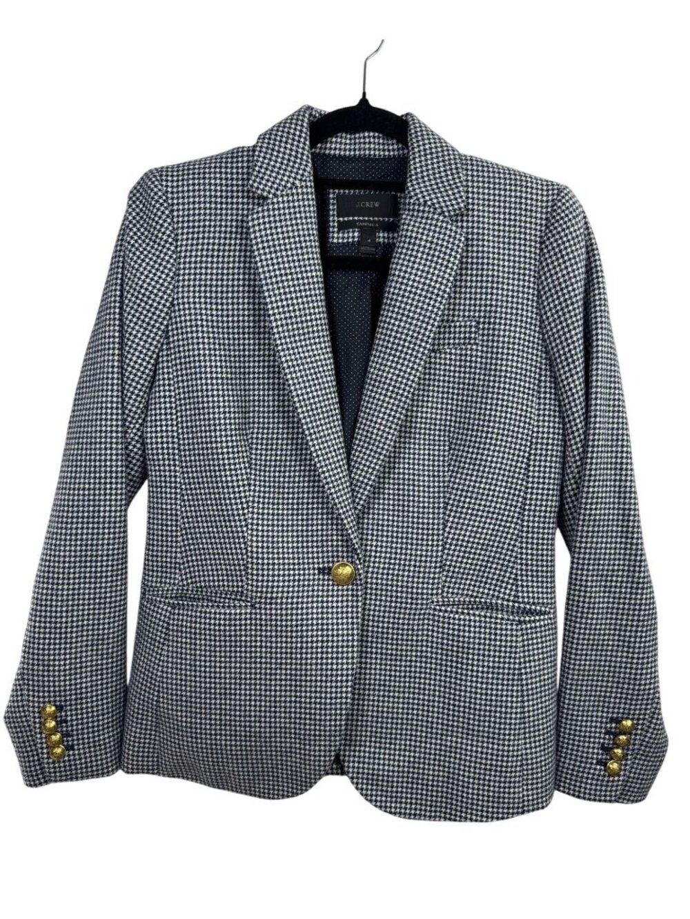 J. Crew Campbell Houndstooth Blazer Women Size 4 Wool Blend Blue Gold Button